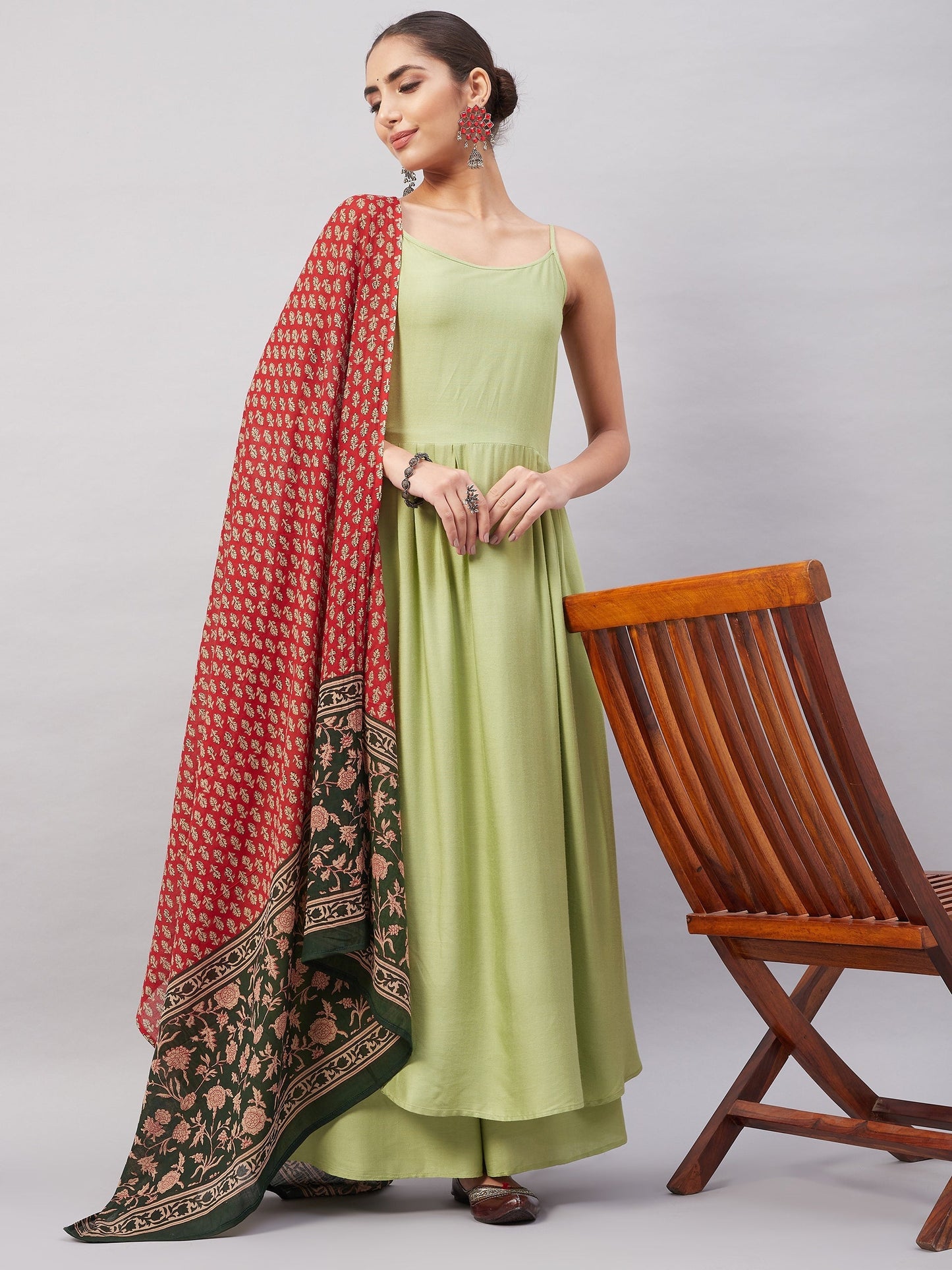 InWeave Women's Light Green R Strappy Set W Green Red Print Cotton Dupatta - Swadesiicart