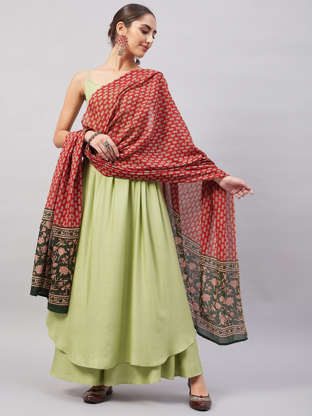 InWeave Women's Light Green R Strappy Set W Green Red Print Cotton Dupatta - Swadesiicart
