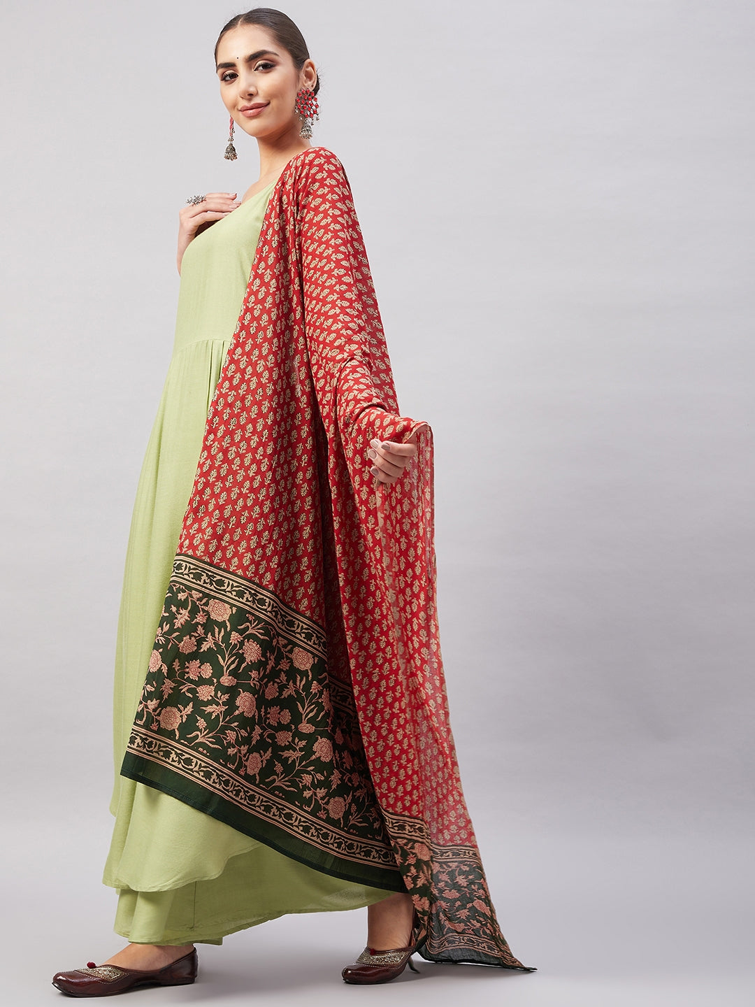 InWeave Women's Light Green R Strappy Set W Green Red Print Cotton Dupatta - Swadesiicart