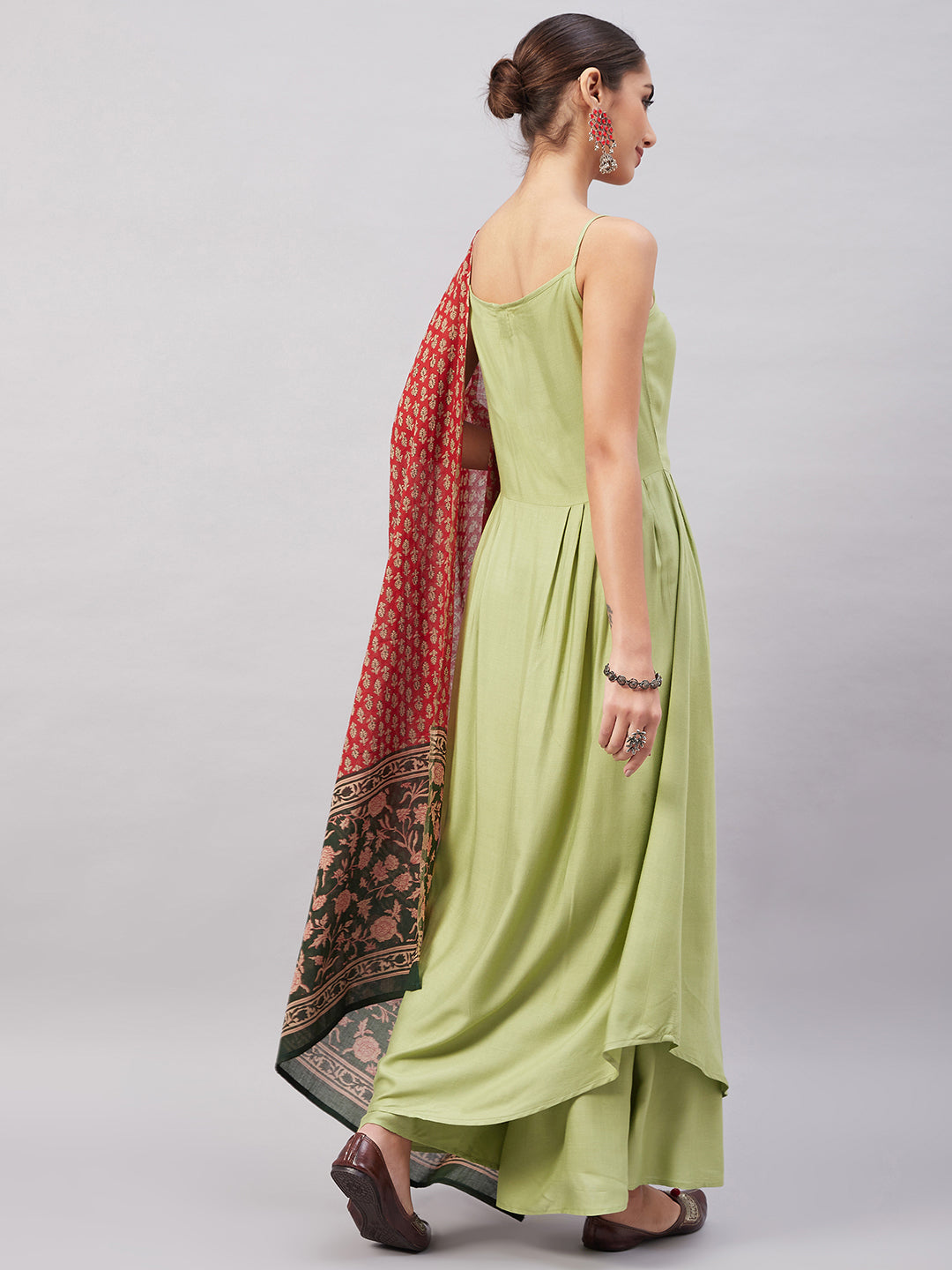 InWeave Women's Light Green R Strappy Set W Green Red Print Cotton Dupatta - Swadesiicart