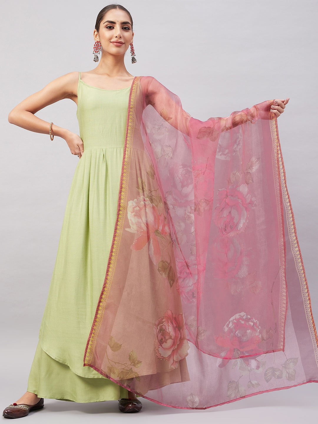 InWeave Women's Light Green R Strappy Set W Pink Print Organza Dupatta - Swadesiicart