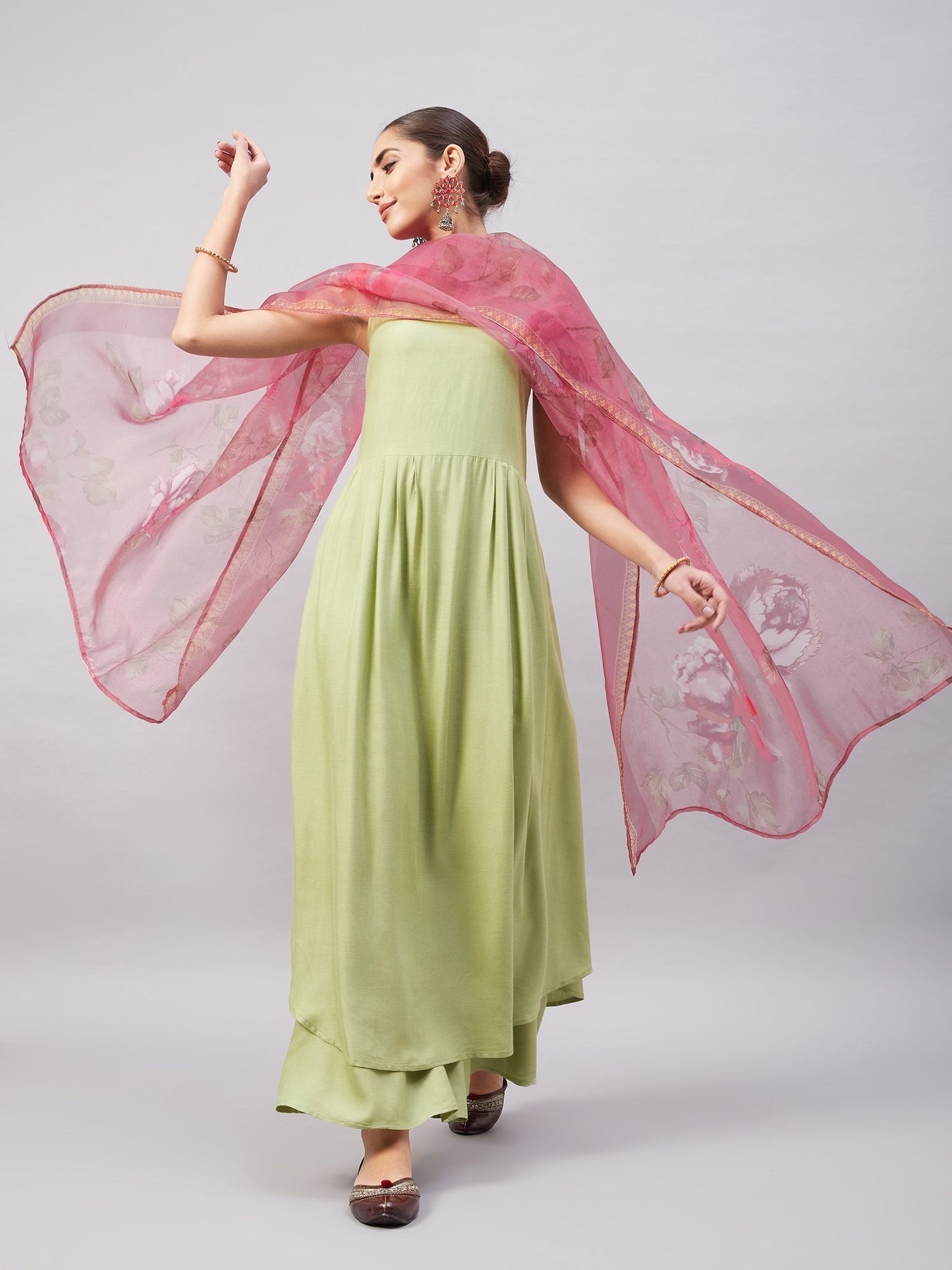 InWeave Women's Light Green R Strappy Set W Pink Print Organza Dupatta - Swadesiicart