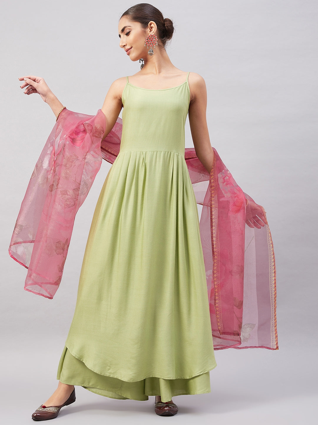 InWeave Women's Light Green R Strappy Set W Pink Print Organza Dupatta - Swadesiicart