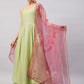 InWeave Women's Light Green R Strappy Set W Pink Print Organza Dupatta - Swadesiicart