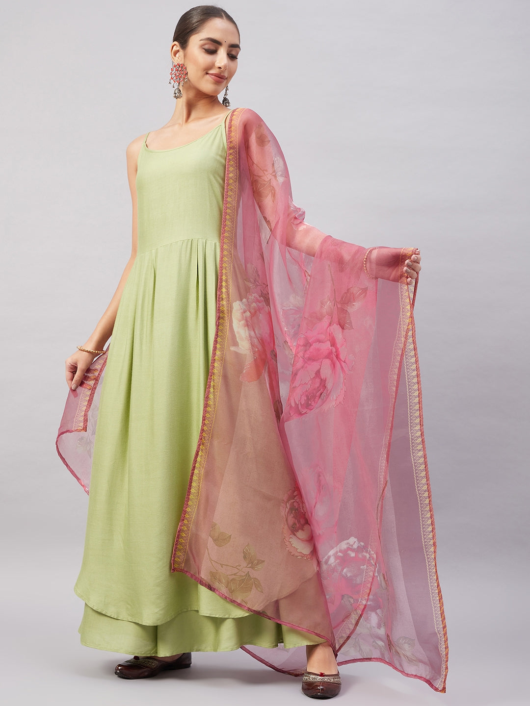 InWeave Women's Light Green R Strappy Set W Pink Print Organza Dupatta - Swadesiicart