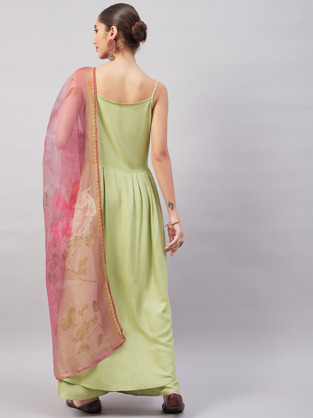 InWeave Women's Light Green R Strappy Set W Pink Print Organza Dupatta - Swadesiicart