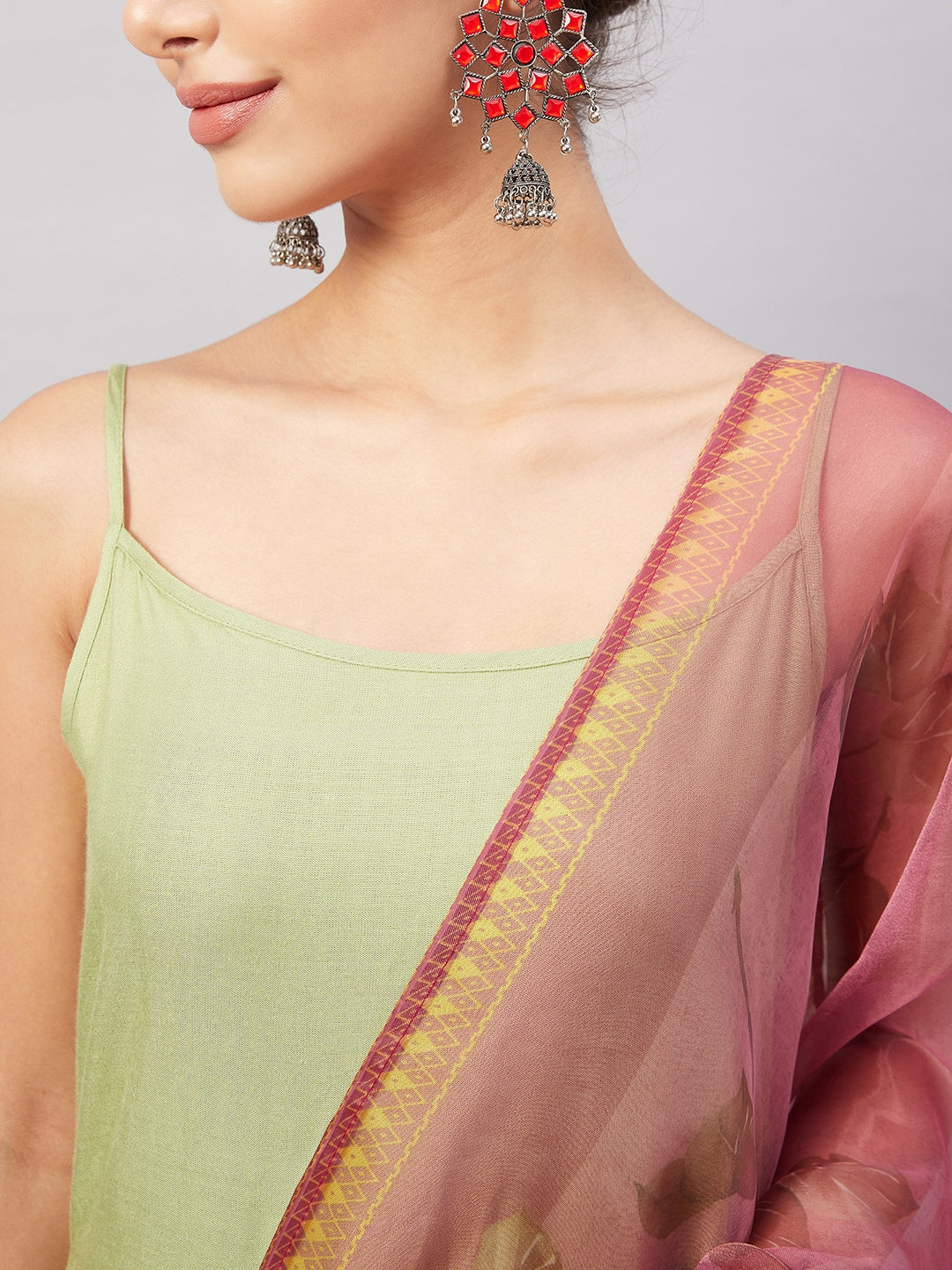 InWeave Women's Light Green R Strappy Set W Pink Print Organza Dupatta - Swadesiicart