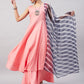 InWeave Women's Light Pink Sleeveless Kurta Set W Navy Leh Organza Dupatta - Swadesiicart