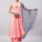 InWeave Women's Light Pink Sleeveless Kurta Set W Navy Leh Organza Dupatta - Swadesiicart