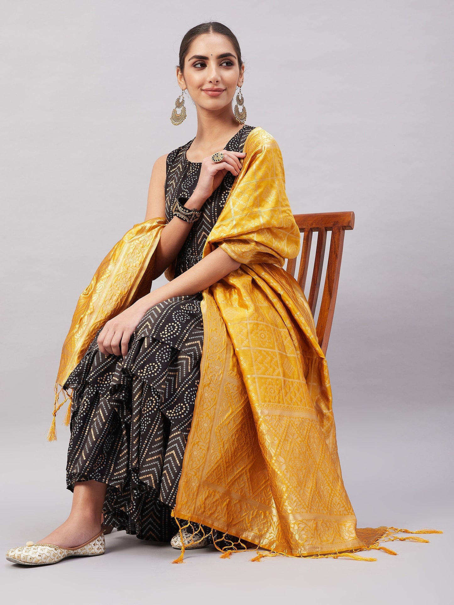 InWeave Women's Black Bandhani Teired Sharara Set W Mustard Brocade Dupatta - Swadesiicart