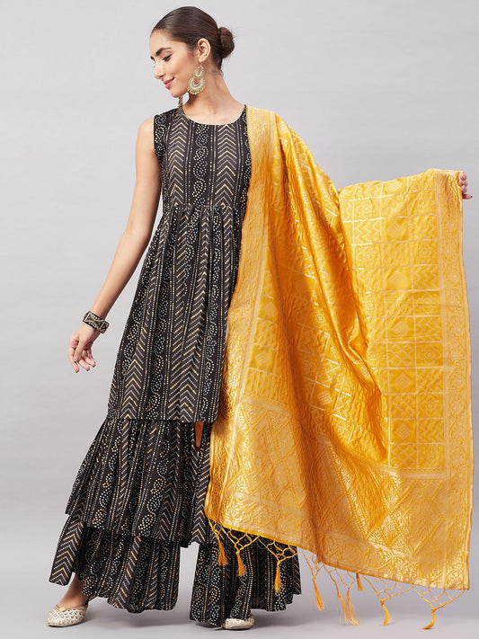 InWeave Women's Black Bandhani Teired Sharara Set W Mustard Brocade Dupatta - Swadesiicart