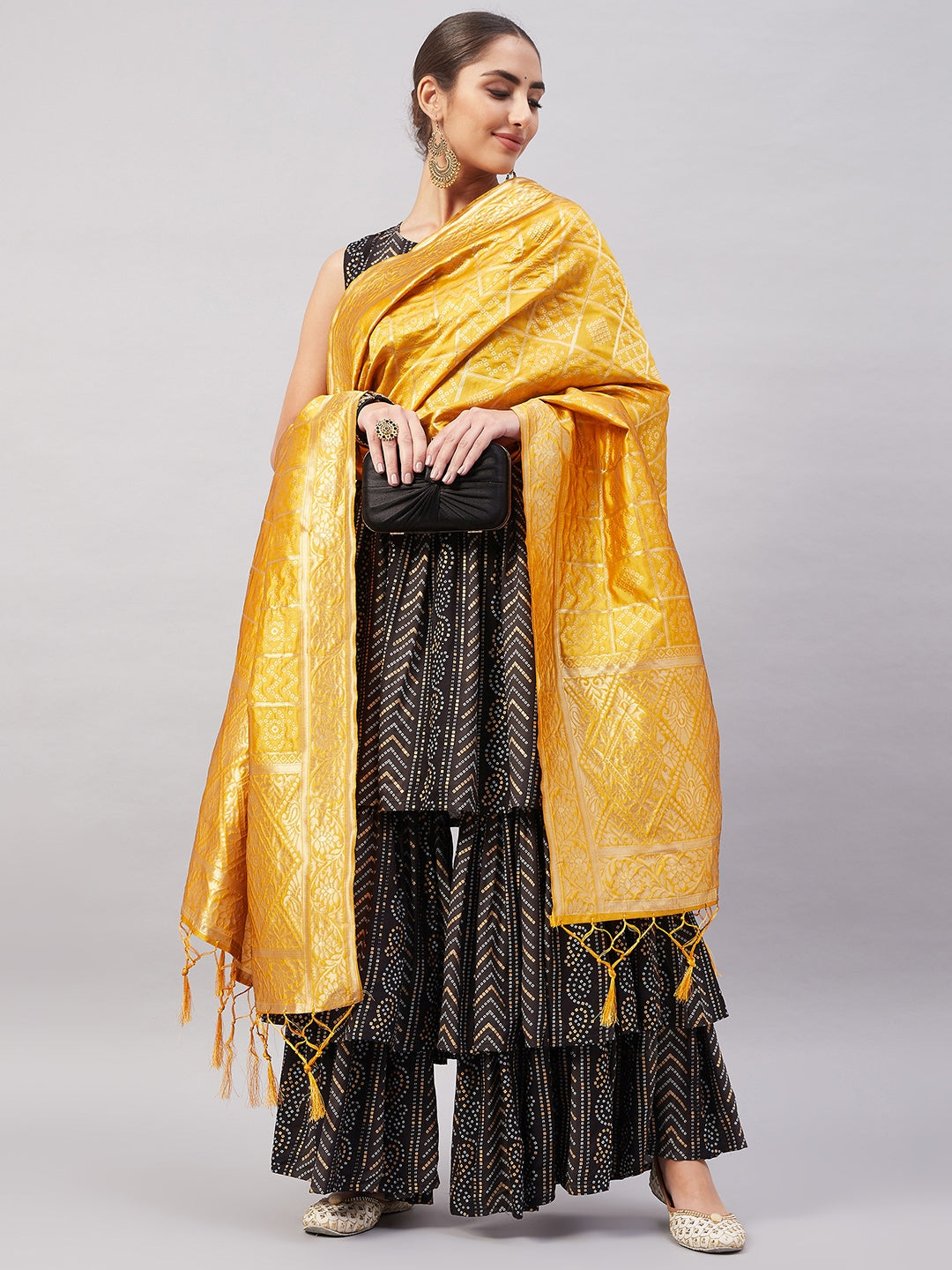 InWeave Women's Black Bandhani Teired Sharara Set W Mustard Brocade Dupatta - Swadesiicart