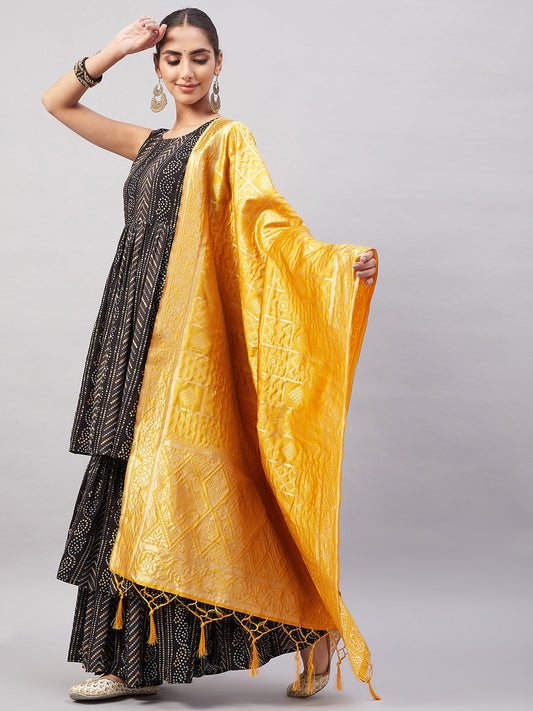 InWeave Women's Black Bandhani Teired Sharara Set W Mustard Brocade Dupatta - Swadesiicart