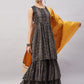 InWeave Women's Black Bandhani Teired Sharara Set W Mustard Brocade Dupatta - Swadesiicart
