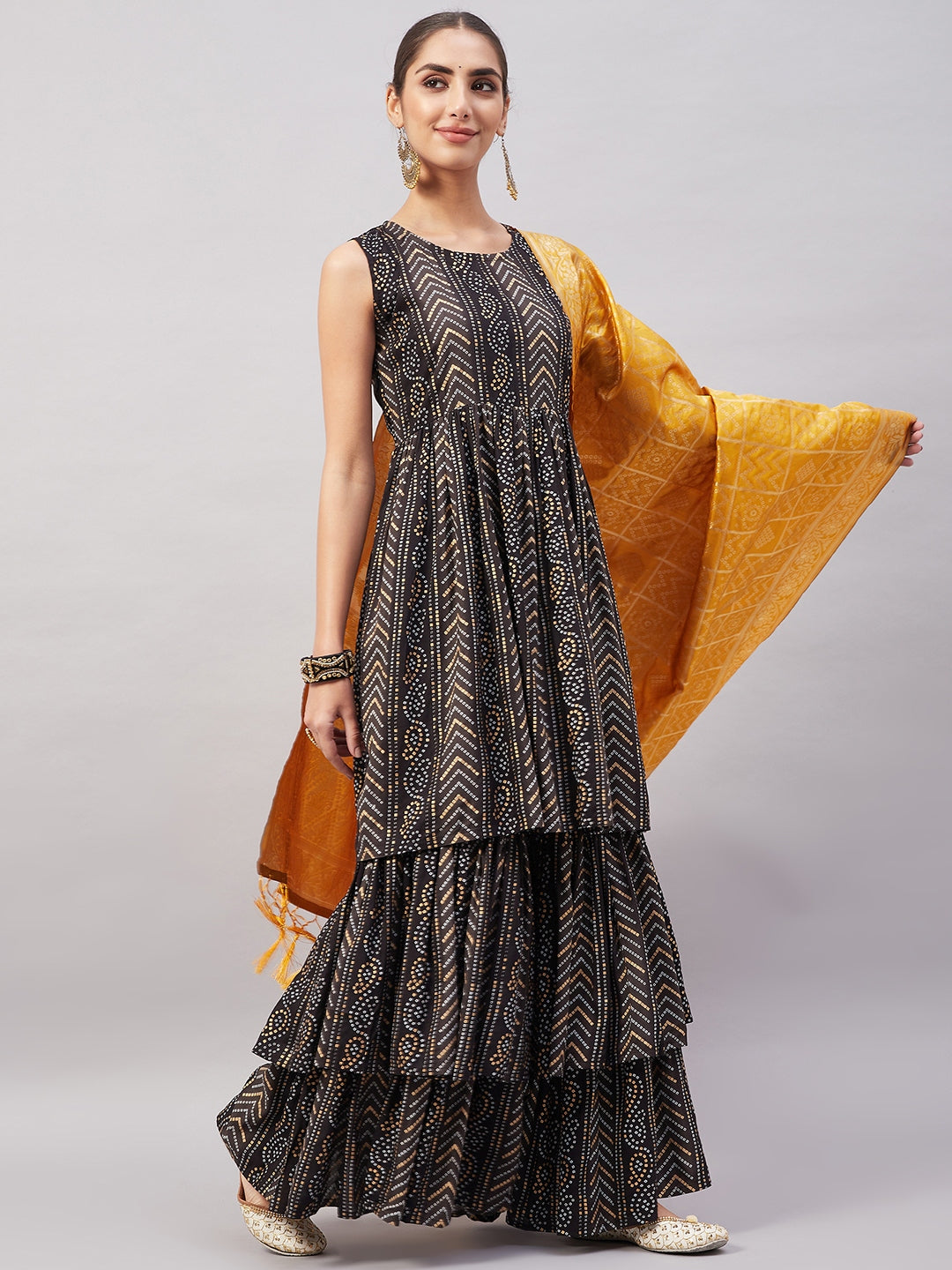 InWeave Women's Black Bandhani Teired Sharara Set W Mustard Brocade Dupatta - Swadesiicart