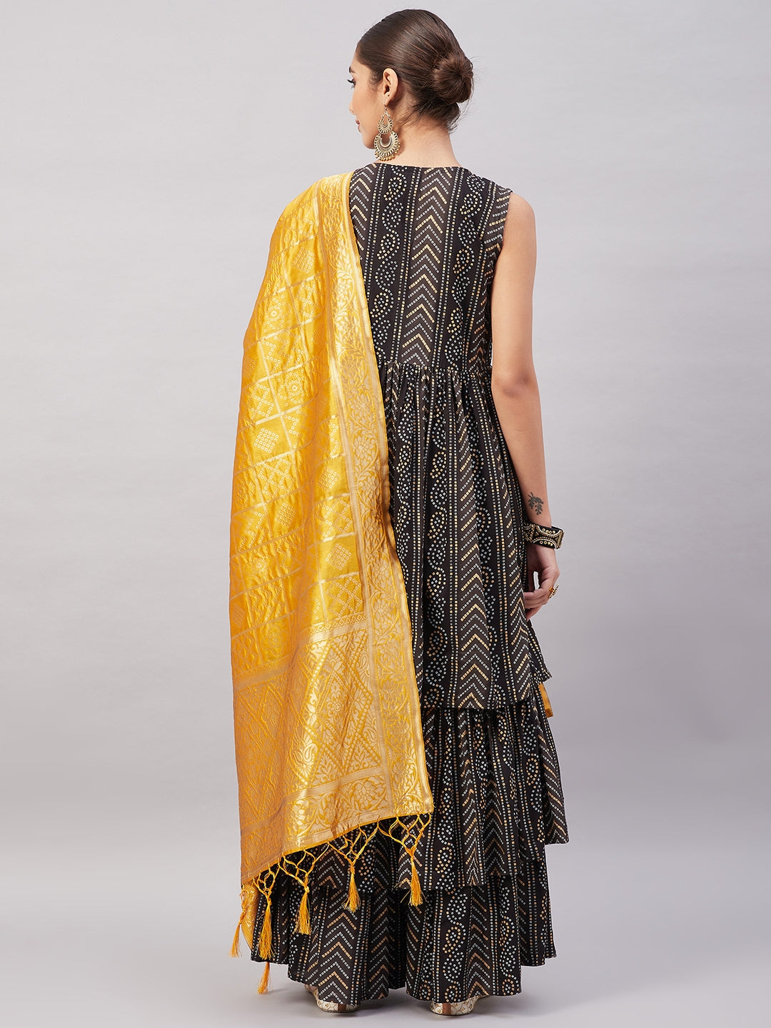 InWeave Women's Black Bandhani Teired Sharara Set W Mustard Brocade Dupatta - Swadesiicart