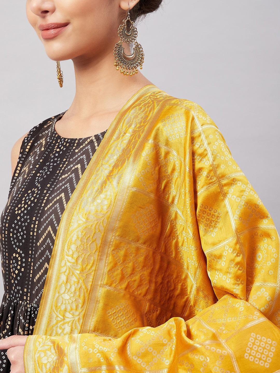 InWeave Women's Black Bandhani Teired Sharara Set W Mustard Brocade Dupatta - Swadesiicart