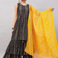 InWeave Women's Black Bandhani Teired Sharara Set W Mustard Kota Dupatta - Swadesiicart