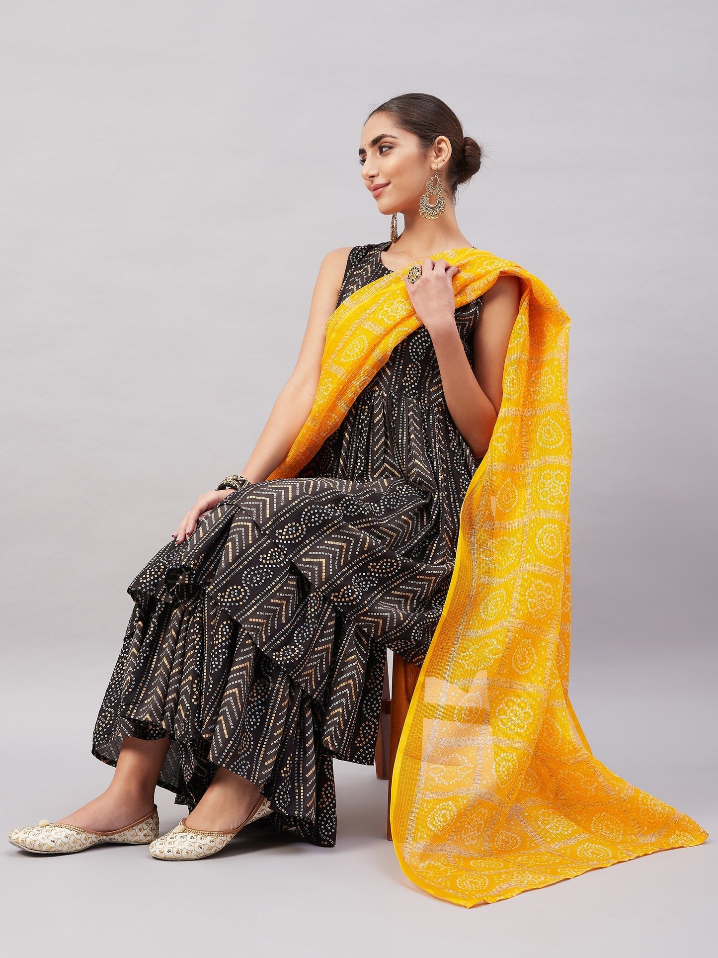 InWeave Women's Black Bandhani Teired Sharara Set W Mustard Kota Dupatta - Swadesiicart