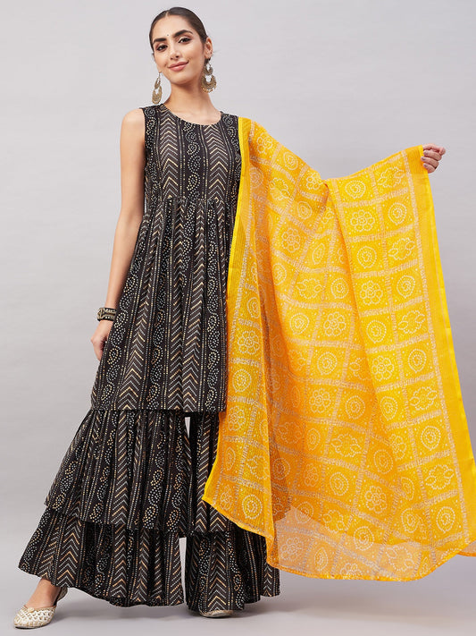 InWeave Women's Black Bandhani Teired Sharara Set W Mustard Kota Dupatta - Swadesiicart