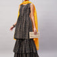 InWeave Women's Black Bandhani Teired Sharara Set W Mustard Kota Dupatta - Swadesiicart