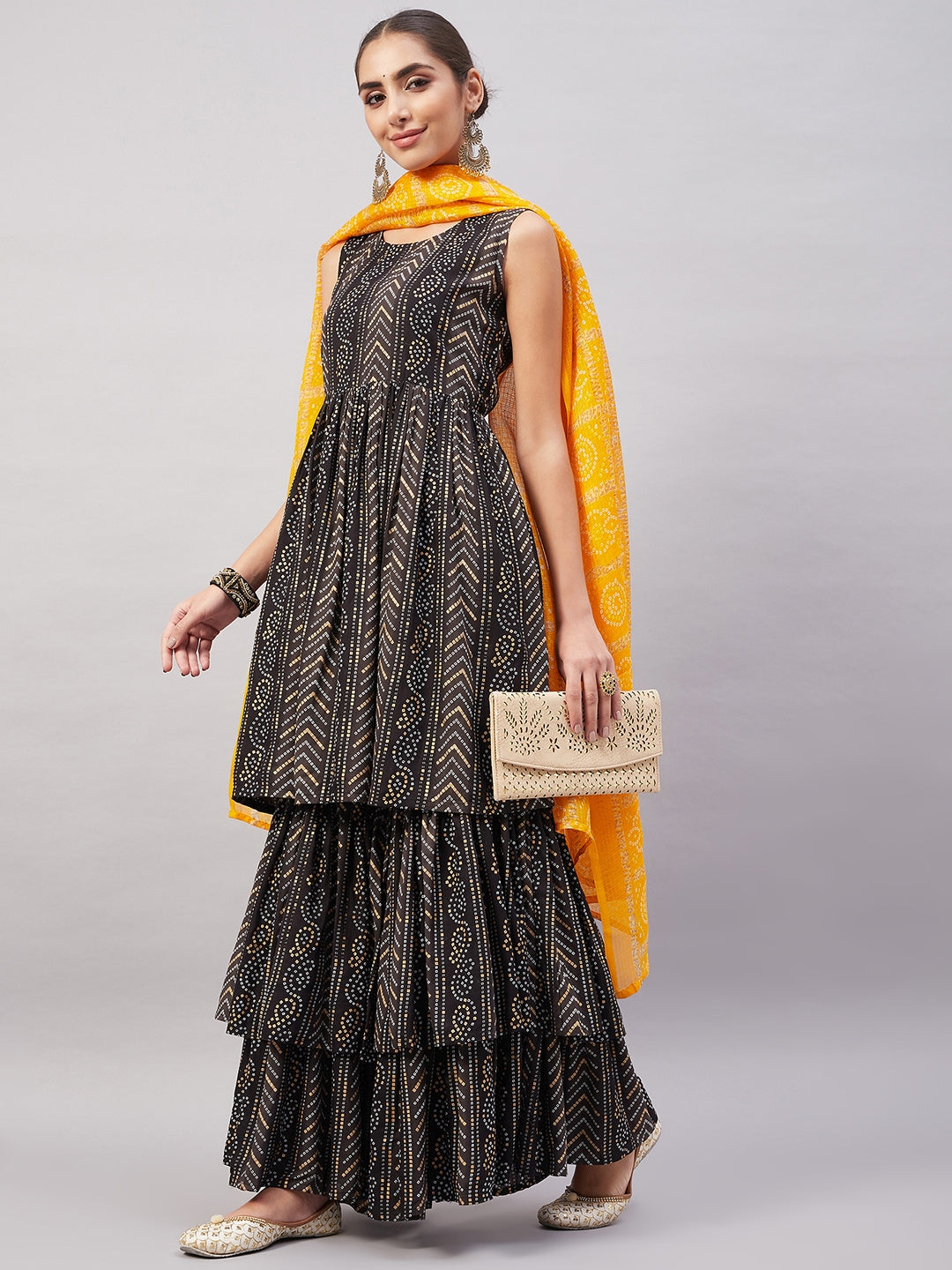 InWeave Women's Black Bandhani Teired Sharara Set W Mustard Kota Dupatta - Swadesiicart