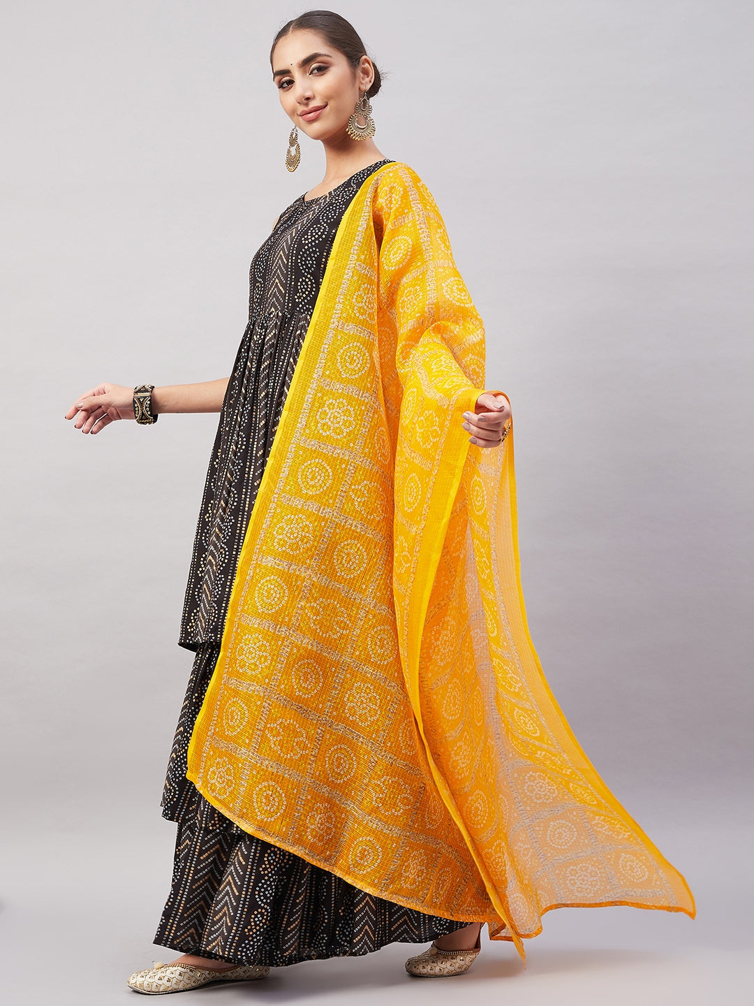 InWeave Women's Black Bandhani Teired Sharara Set W Mustard Kota Dupatta - Swadesiicart