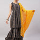 InWeave Women's Black Bandhani Teired Sharara Set W Mustard Kota Dupatta - Swadesiicart