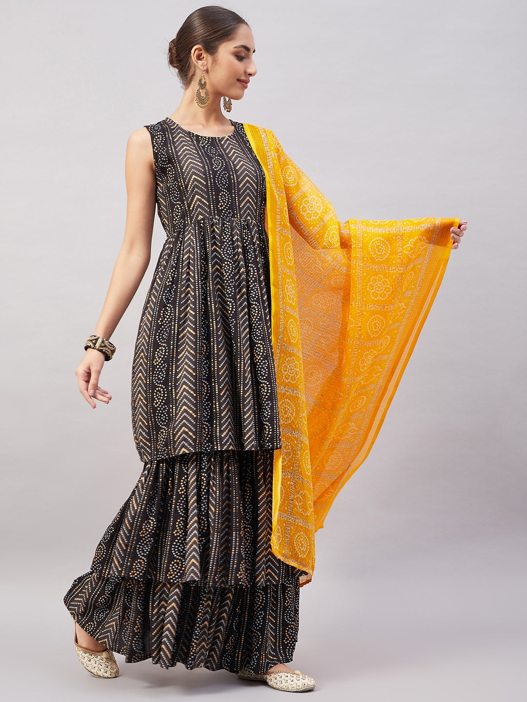 InWeave Women's Black Bandhani Teired Sharara Set W Mustard Kota Dupatta - Swadesiicart