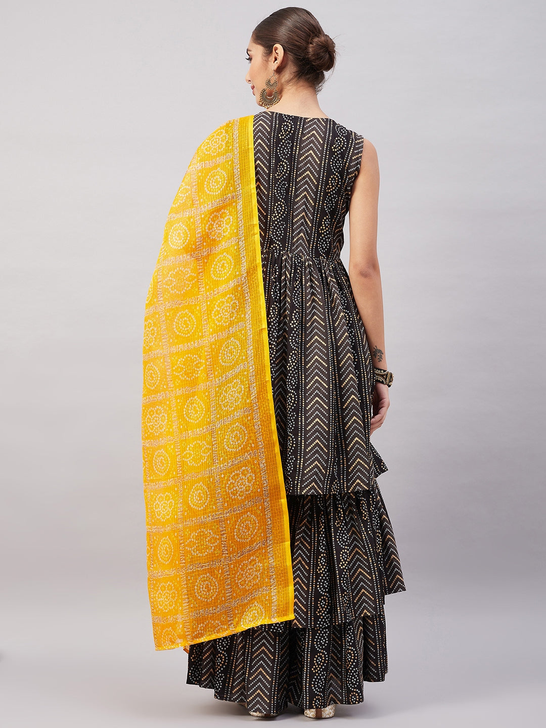 InWeave Women's Black Bandhani Teired Sharara Set W Mustard Kota Dupatta - Swadesiicart