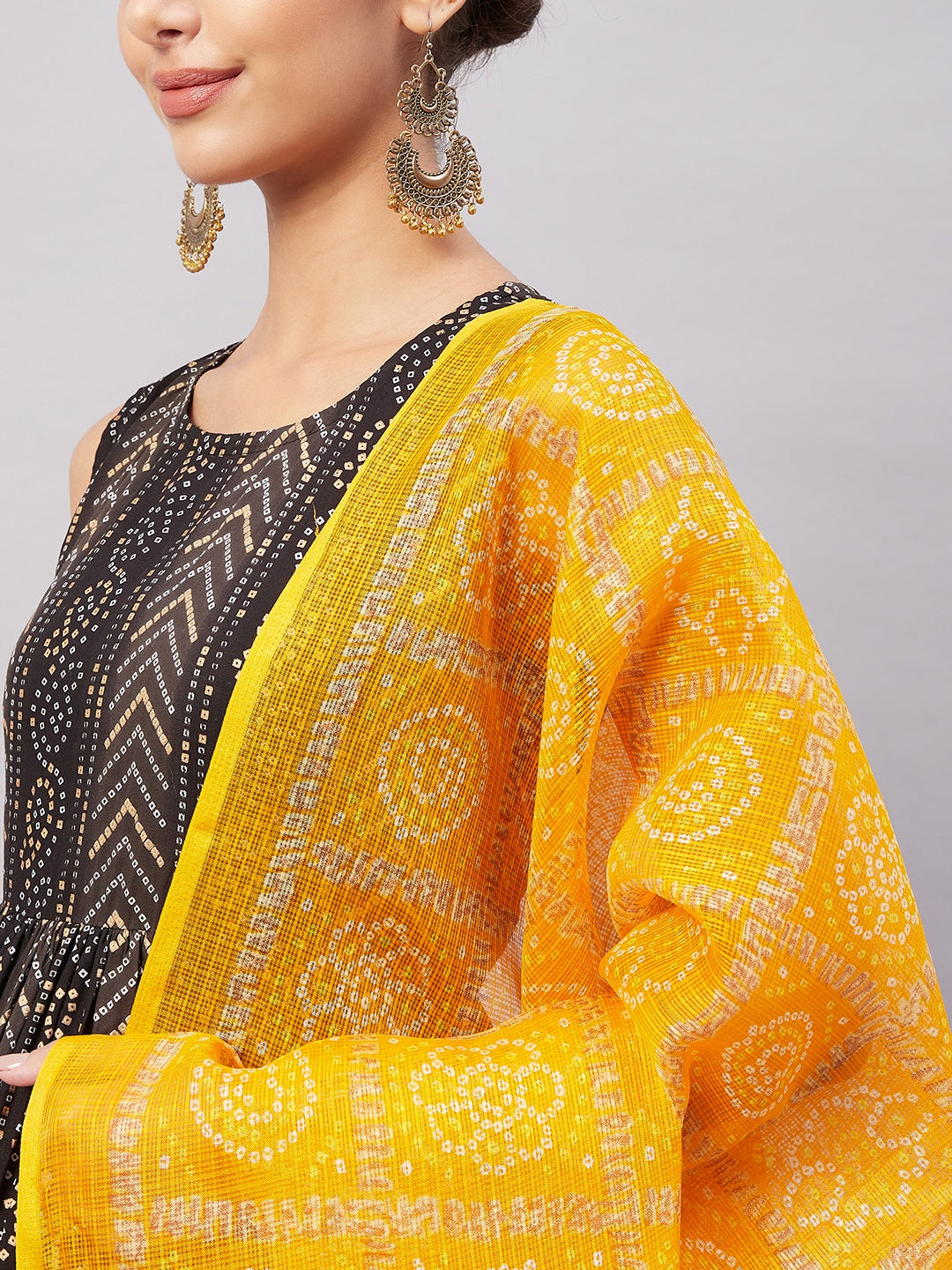 InWeave Women's Black Bandhani Teired Sharara Set W Mustard Kota Dupatta - Swadesiicart
