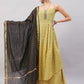 InWeave Women's Yelllow Floarl Print Strappy Set W Black Gold Check Dupatta - Swadesiicart
