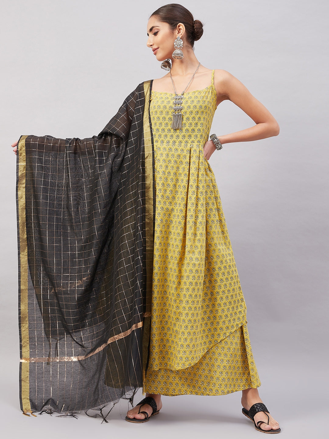 InWeave Women's Yelllow Floarl Print Strappy Set W Black Gold Check Dupatta - Swadesiicart