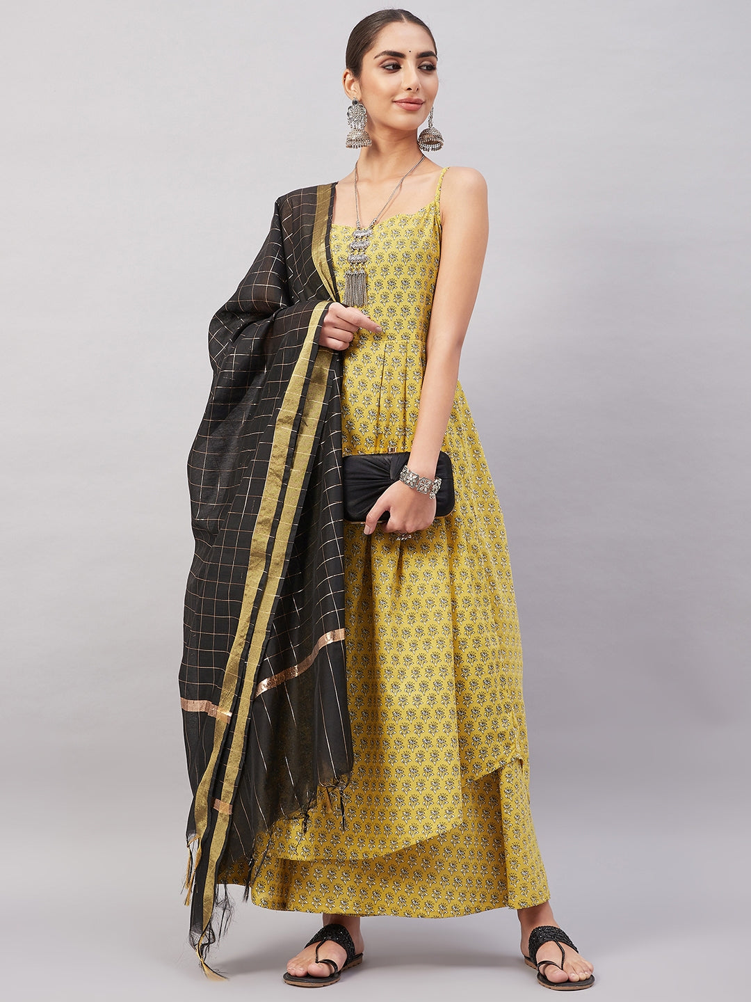 InWeave Women's Yelllow Floarl Print Strappy Set W Black Gold Check Dupatta - Swadesiicart