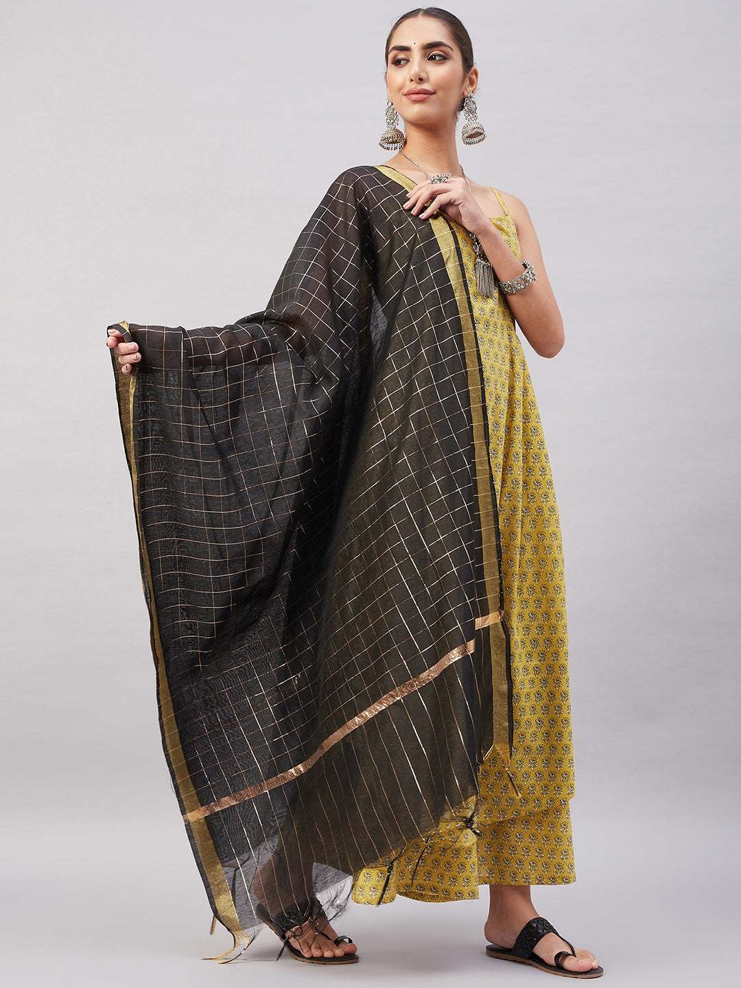InWeave Women's Yelllow Floarl Print Strappy Set W Black Gold Check Dupatta - Swadesiicart