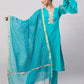 InWeave Women's Aqua Organza Sleeve Kurta Set With Teal Gold Check Dupatta - Swadesiicart