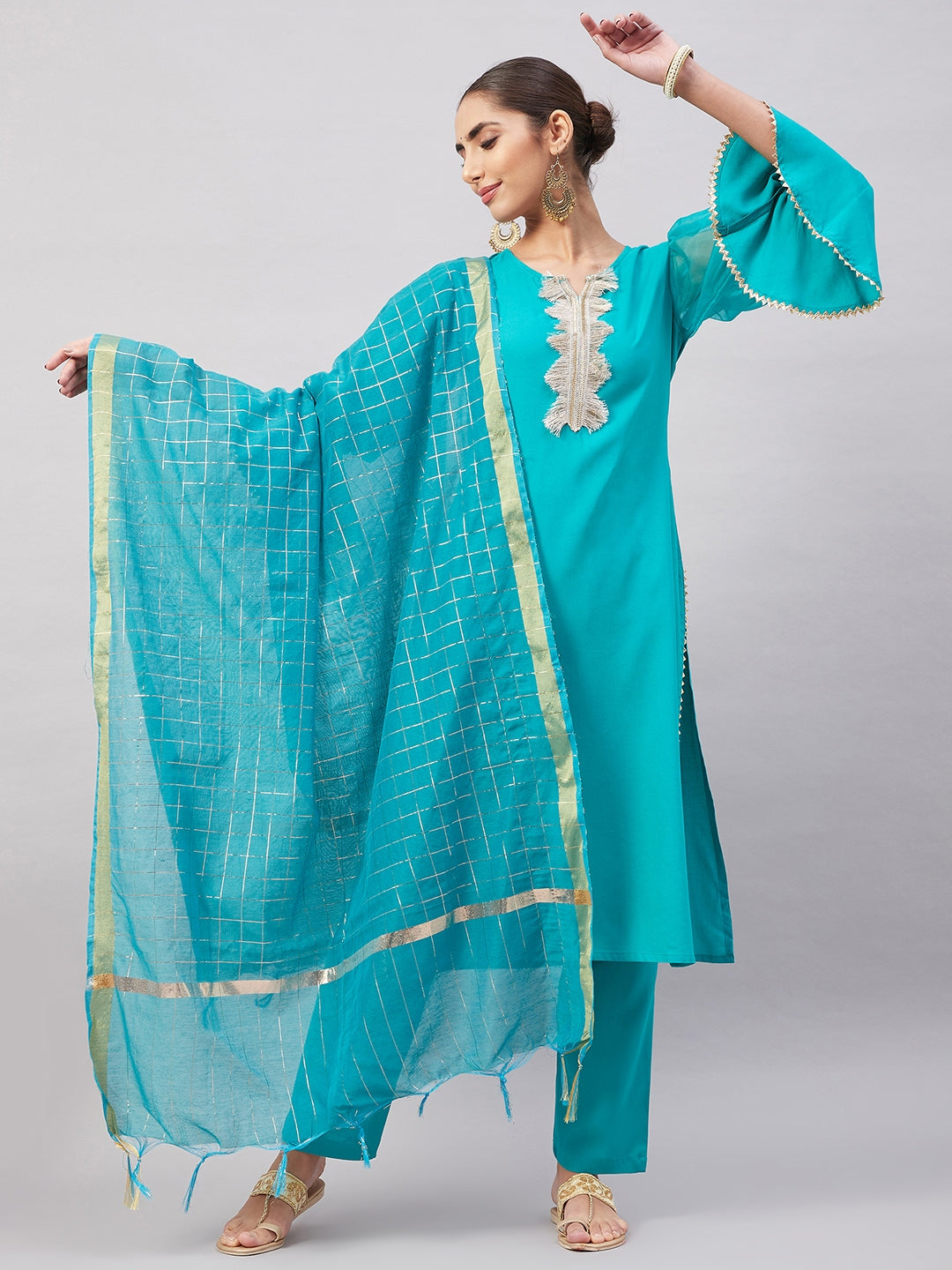 InWeave Women's Aqua Organza Sleeve Kurta Set With Teal Gold Check Dupatta - Swadesiicart
