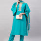 InWeave Women's Aqua Organza Sleeve Kurta Set With Teal Gold Check Dupatta - Swadesiicart