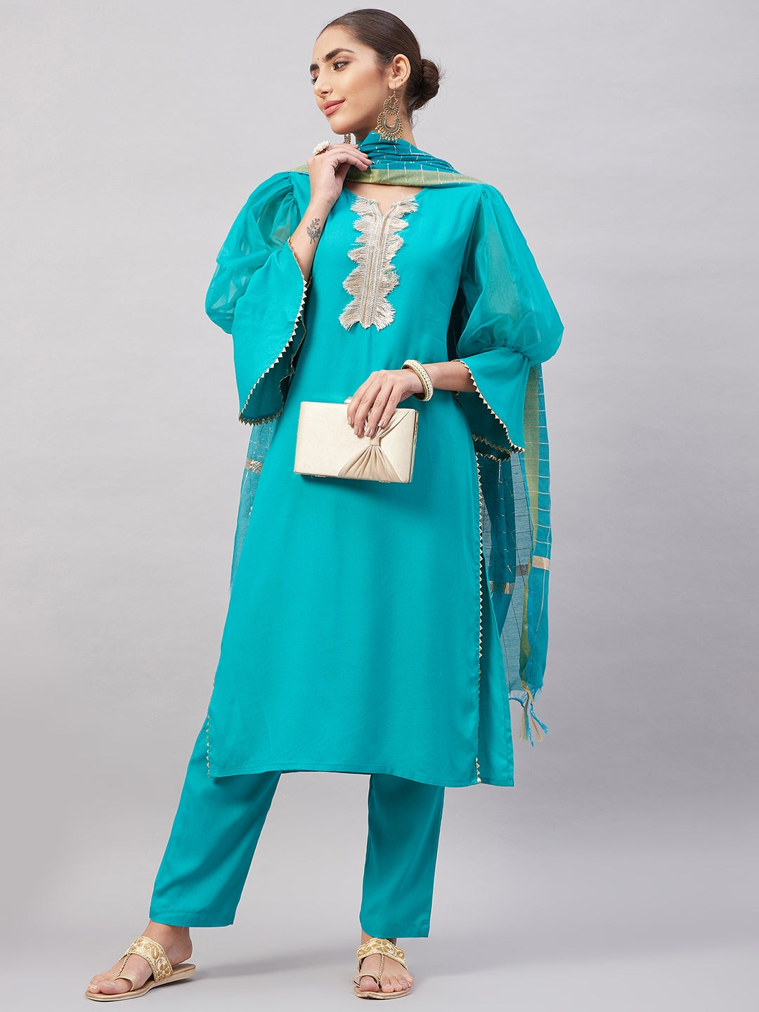 InWeave Women's Aqua Organza Sleeve Kurta Set With Teal Gold Check Dupatta - Swadesiicart