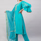InWeave Women's Aqua Organza Sleeve Kurta Set With Teal Gold Check Dupatta - Swadesiicart