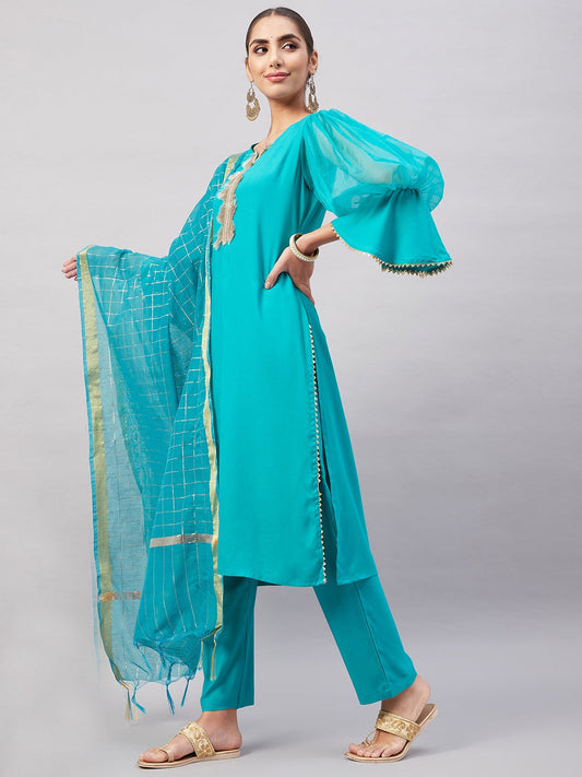 InWeave Women's Aqua Organza Sleeve Kurta Set With Teal Gold Check Dupatta - Swadesiicart