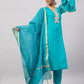 InWeave Women's Aqua Organza Sleeve Kurta Set With Teal Gold Check Dupatta - Swadesiicart