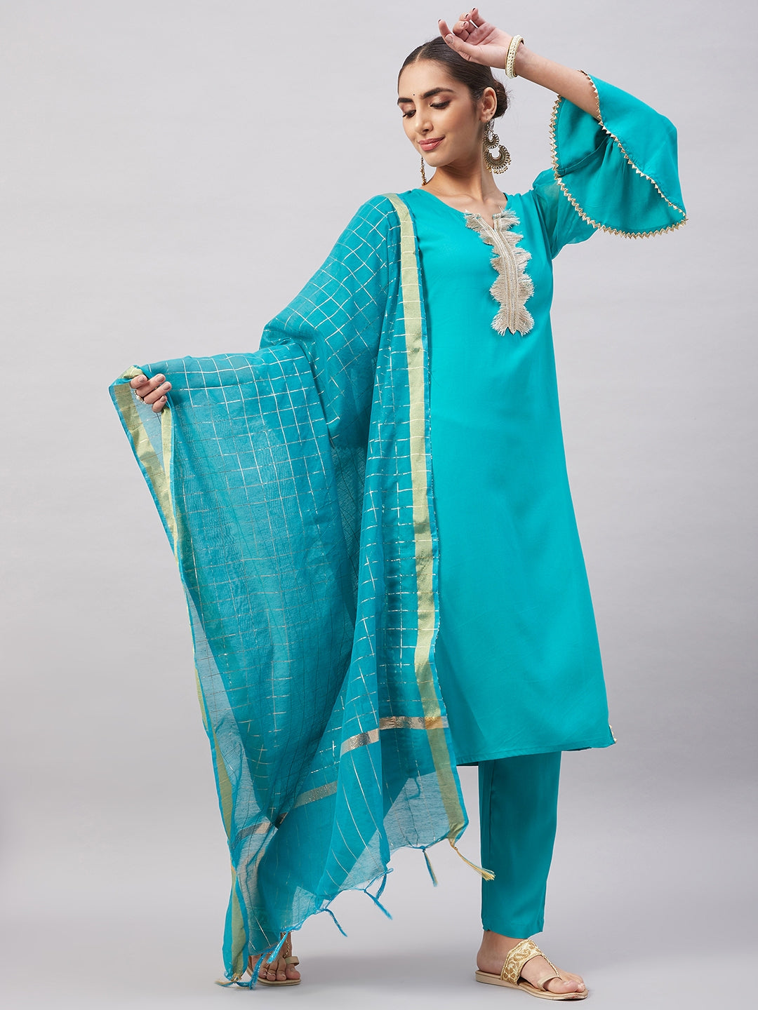 InWeave Women's Aqua Organza Sleeve Kurta Set With Teal Gold Check Dupatta - Swadesiicart