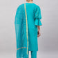 InWeave Women's Aqua Organza Sleeve Kurta Set With Teal Gold Check Dupatta - Swadesiicart