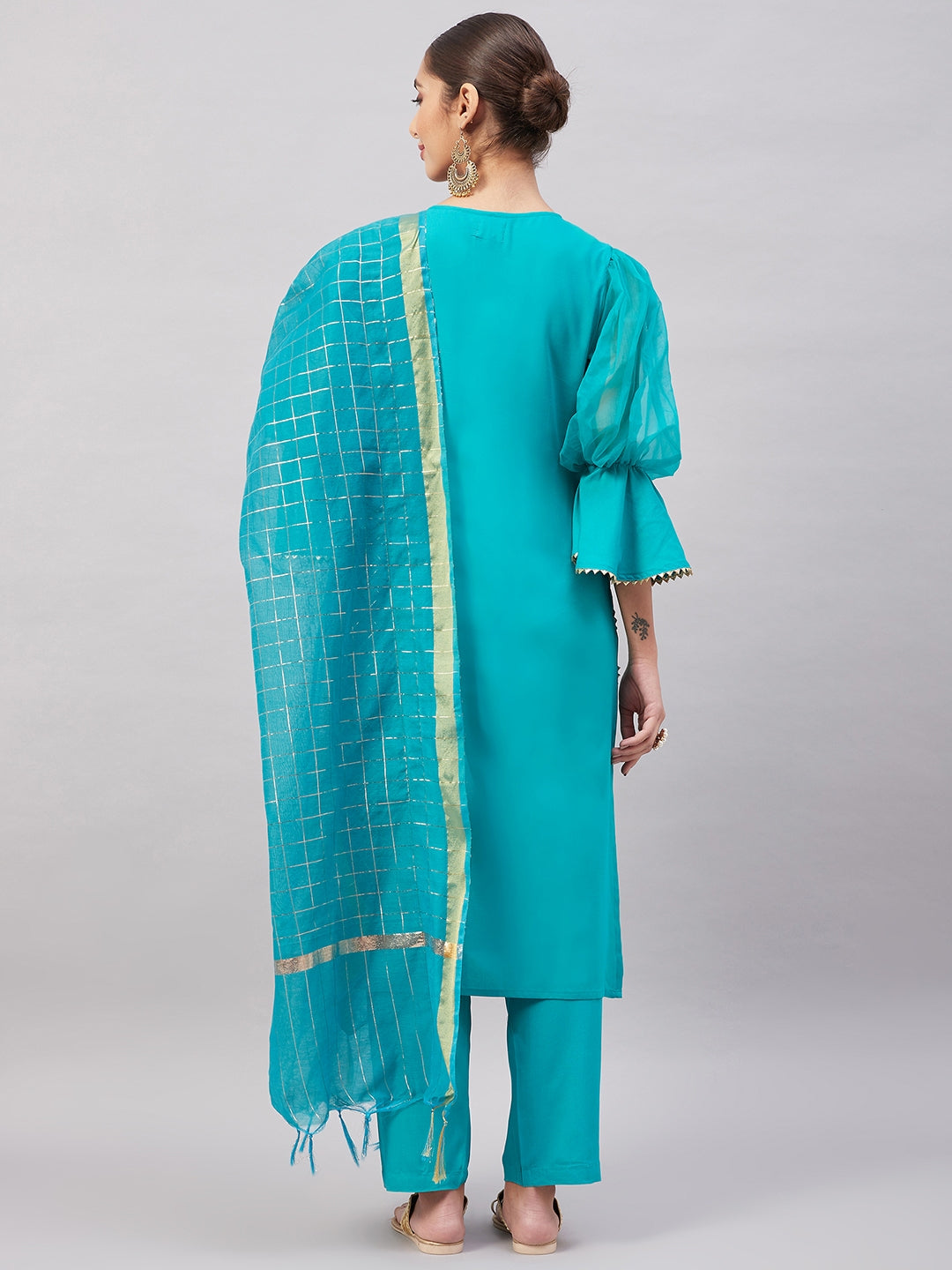 InWeave Women's Aqua Organza Sleeve Kurta Set With Teal Gold Check Dupatta - Swadesiicart