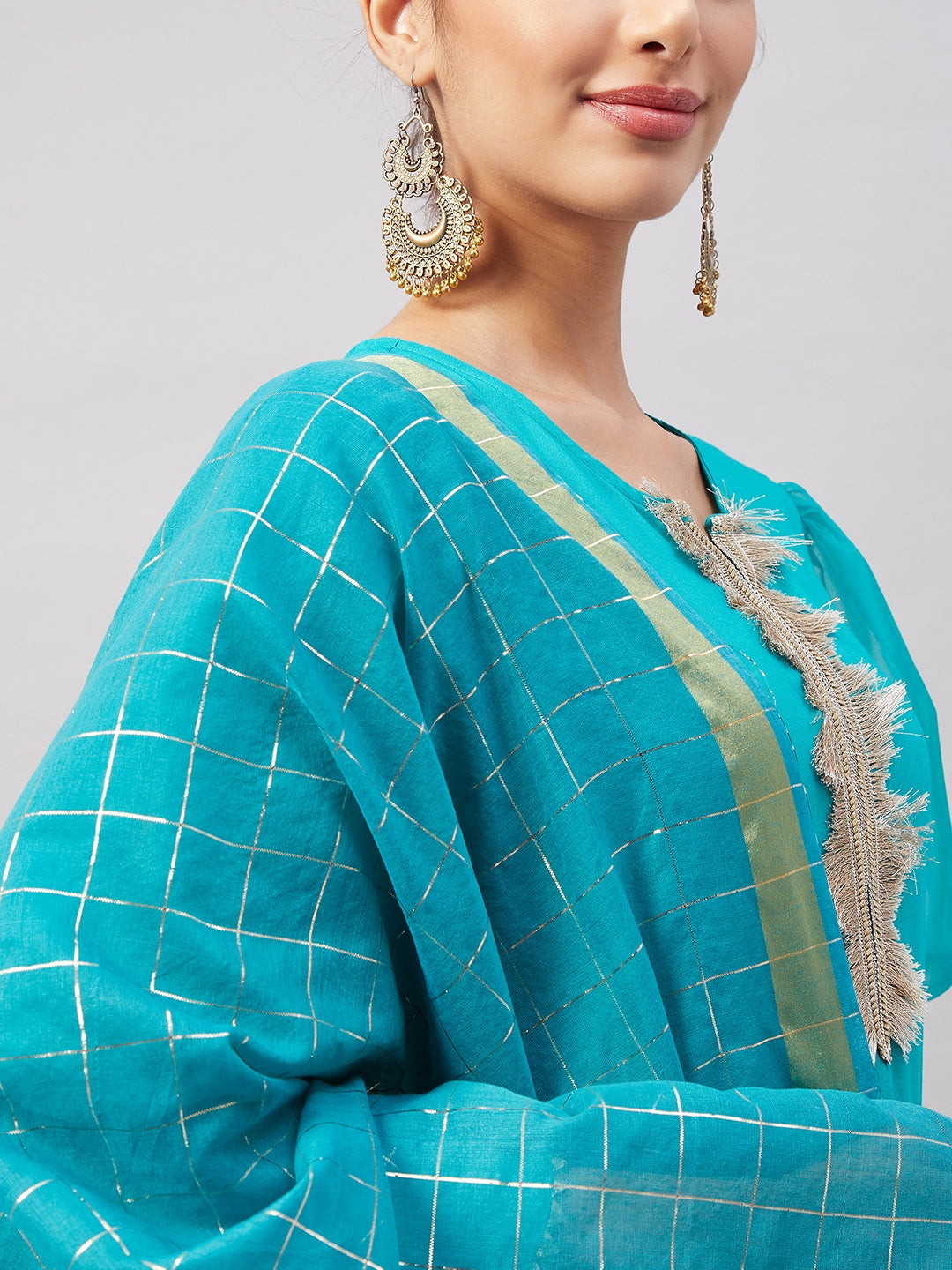 InWeave Women's Aqua Organza Sleeve Kurta Set With Teal Gold Check Dupatta - Swadesiicart