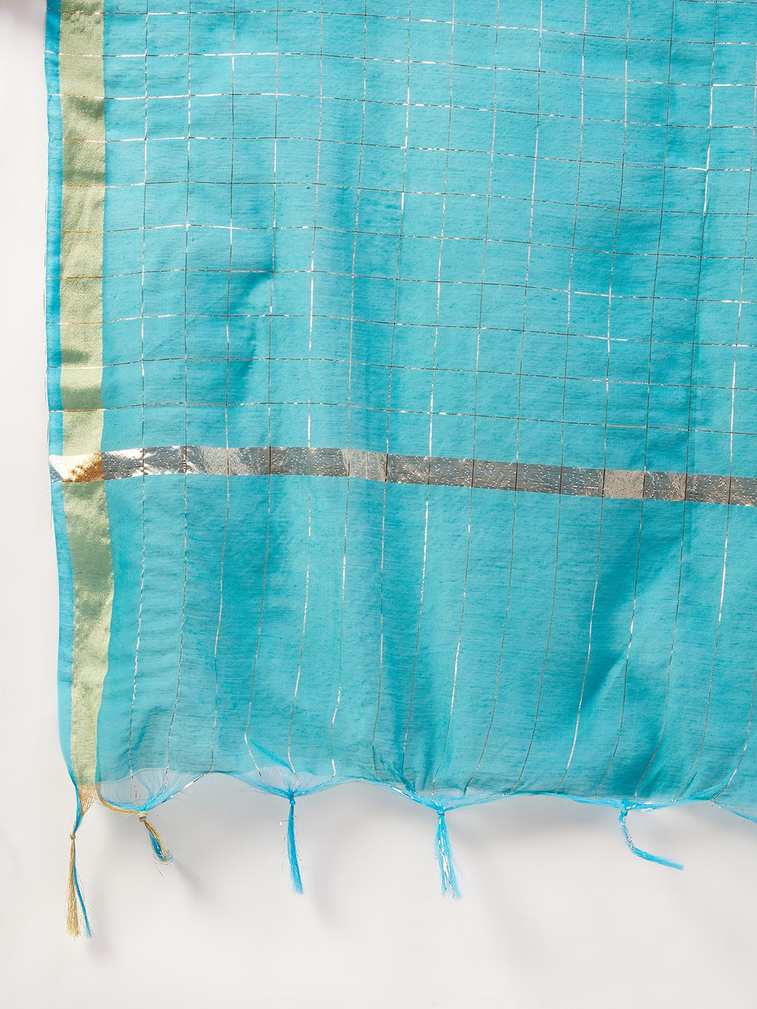 InWeave Women's Aqua Organza Sleeve Kurta Set With Teal Gold Check Dupatta - Swadesiicart