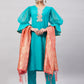 InWeave Women's Aqua Organza Sleeve Kurta Set With Peach Brocade Dupatta - Swadesiicart