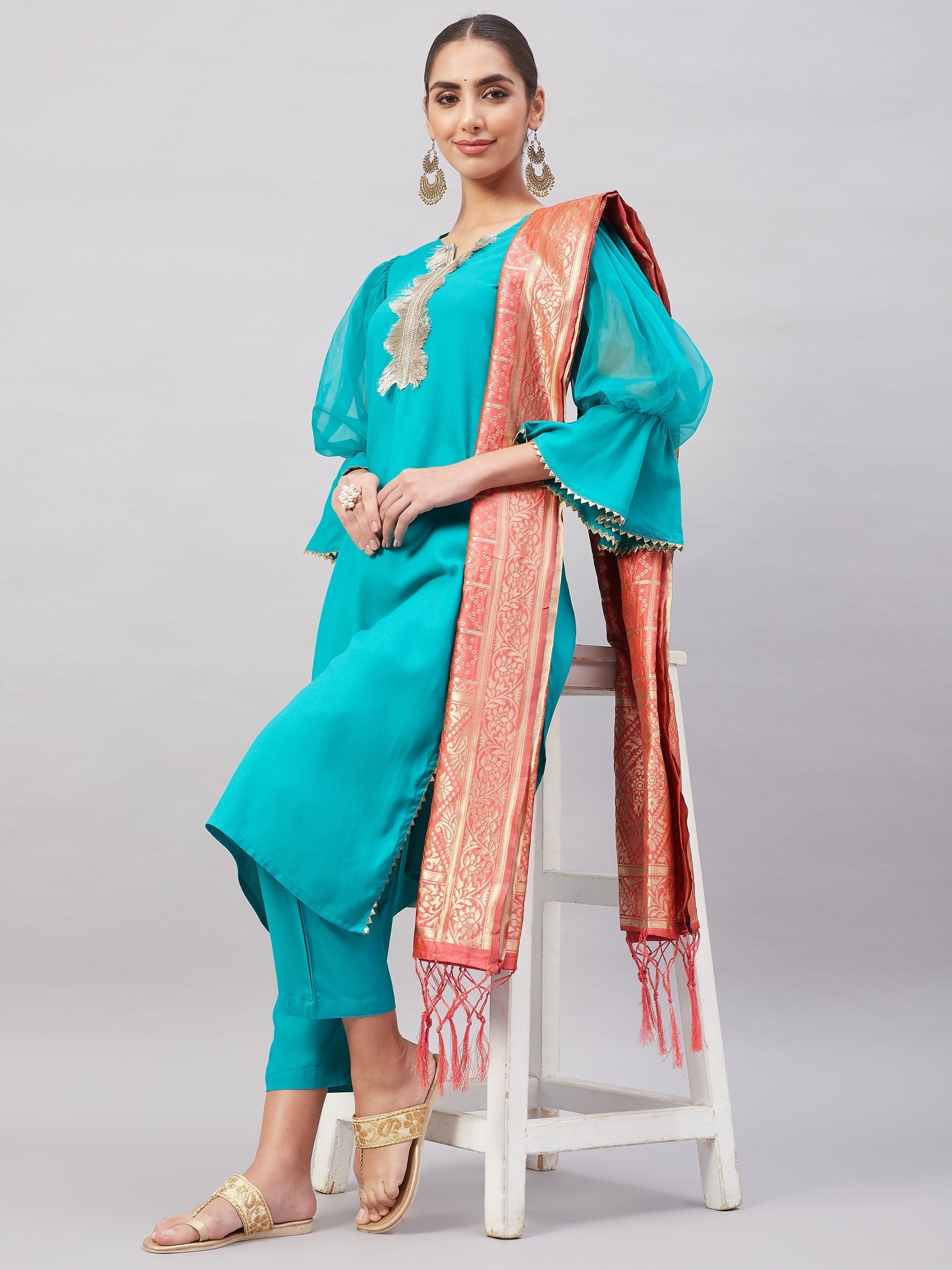 InWeave Women's Aqua Organza Sleeve Kurta Set With Peach Brocade Dupatta - Swadesiicart