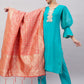 InWeave Women's Aqua Organza Sleeve Kurta Set With Peach Brocade Dupatta - Swadesiicart